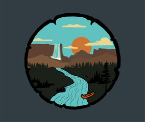 boat on mountain lake vector illustration, outdoor adventure graphic print, colorado mountain vector, mountain lake vector illustration for t shirt, clothing, sticker, poster