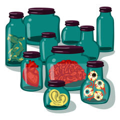 A collection of organs and specimens stored in glass jars. The jars contain human ears, eyes, brains, hearts, and zombie fingers. Empty containers for parts. Witches. Illustration for Halloween.