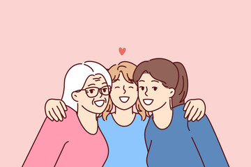 Family portrait of three female generations with teenage girl lovingly hugging mother and grandmother. Happy women of different generations spend time together enjoying family vacation
