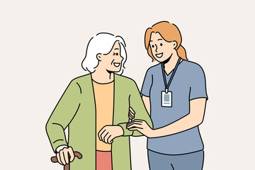 Smiling female caregiver help mature woman with walking. Happy nurse in uniform assist elderly grandmother with walking stick. Vector illustration. 