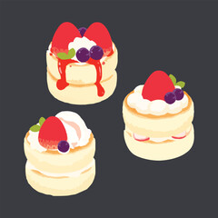 Set of strawberry pancakes. Japanese food. Hand drawn watercolor vector illustration