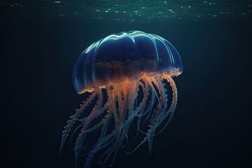Jellyfishes swimming in the sea. Beautiful illuminated jellyfish. Generative AI