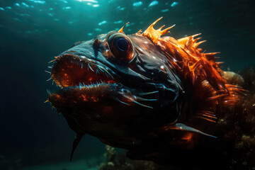 Naklejka na ściany i meble Deep-water fish at the very bottom of the ocean. A scary fish with big teeth. Underwater world. Generative AI