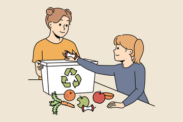 Happy girls children throw food waste in biodegradable container. Smiling children put fruit remains into eco bin at home. Environment protection. Vector illustration. 
