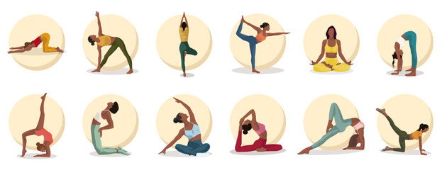set of 12 black girls doing sport exercise fitness in different poses and clothes with pale yellow circle on white background for webs apps posters - obrazy, fototapety, plakaty