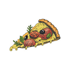 Hand-drawn colored  sketch style pizza slice. Pizza with mozzarella, tomato sauce, sausage, arugula leaves, olives, tomatoes, melted cheese. Fast food vintage illustration.