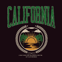 college, univarsity vibes is california sunset beach, Retro college varsity typography california slogan print, vector illustration, for t-shirt graphic. - obrazy, fototapety, plakaty