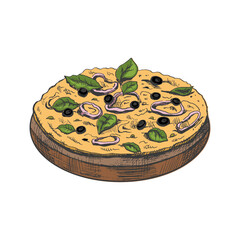 Hand-drawn colored  sketch style vegetarian pizza on a wooden plate  isolated on white background. Fast food vintage illustration. Great for menu, poster or restaurant background.