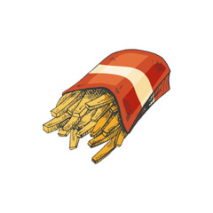 Hand-drawn colored sketch of  french fries in a box  isolated on white background. Fast food illustration. Vintage drawing. Great for menu, poster or restaurant background.