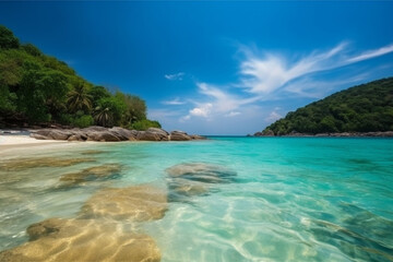 Obraz premium Tropical beach with blue sky and white clouds, perfect for vacation and travel, generative AI