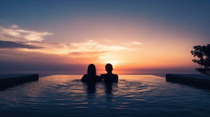 Naklejka na ściany i meble Couple enjoying the view from a infinity pool in the sunset, made with generative ai