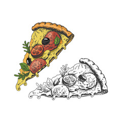 Hand-drawn colored and monochrome  sketch set of pizza slice. Pizza with mozzarella, tomato sauce, sausage, arugula leaves, olives, tomatoes, melted cheese. Fast food vintage illustration.