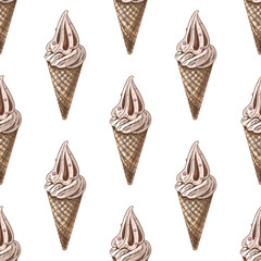 Vector vintage ice cream seamless pattern. Hand drawn colored  illustration of  waffle cones with frozen yogurt or soft ice cream. Great for menu, poster or restaurant background.
