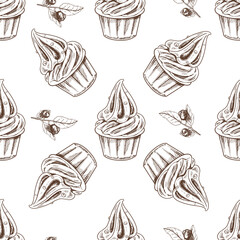 Vector vintage ice cream seamless pattern. Hand drawn monochrome  illustration of  soft ice cream or frozen yogurt in a cup and blueberry. Great for menu, poster or restaurant background.