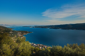 Naklejka premium View from the viewpoint on the Peljesac peninsula to the island of Korcula in southern Croatia.