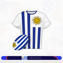 Uruguay rugby jersey with rugby ball of Uruguay on abstract sport background.