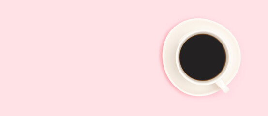 Cup with black coffee on a pink pastel background. Banner with place for text. Selective focus.