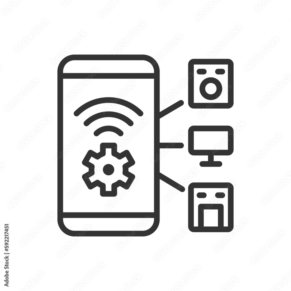 Poster smart appliances control pixel perfect linear icon. mobile access to remote device regulation. thin 