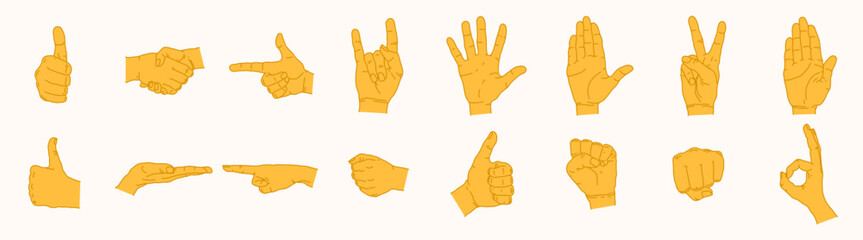 Vector set of linear human hands in different poses, show different gestures.