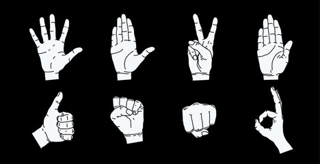 Vector set of linear human hands in different poses, show different gestures.