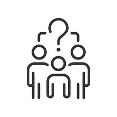 Common question linear icon. People group and question mark. Social problems solution. Thin line illustration. Contour symbol. Vector outline drawing. Editable stroke. Arial font used