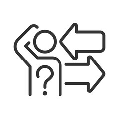 Difficult choice linear icon. Thinking person, question mark and arrows. Problem solving. Thin line illustration. Contour symbol. Vector outline drawing. Editable stroke. Arial font used