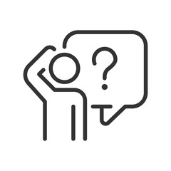 Bewildered person linear icon. Looking for answer on question. Searching information source. Thin line illustration. Contour symbol. Vector outline drawing. Editable stroke. Arial font used