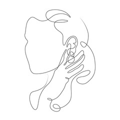 One continuous line. Beautiful girl with an earring in her ear. The woman fixes her earring. Face and hands of a young woman. Accessories and jewelry. Bijouterie. One continuous line drawn isolated, w