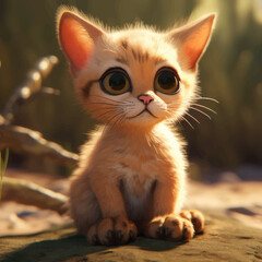 Super Cute little baby cat. Ginger Wild Kitty with big eyes. Funny cartoon character. 3D illustration.