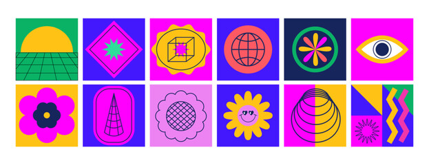 Retro abstract geometric shapes, patches, badges. Sticker pack. Trendy graphic futuristic elements, flowers, line art, eyes. Y2k, 70s, 80s, 90s vintage aesthetic. Playful geometry set.