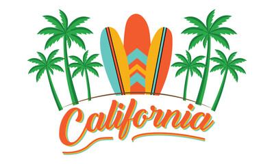 California T-shirt Design Vector Illustration Surf all Day, Slogan Text With Palm Trees And Surf Boards. For T-shirt Prints And Other Uses .And Apparel Trendy Design With Palm Trees Silhouettes 