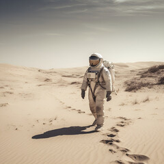 An astronaut walks on a deserted sandy surface. AI generated content.