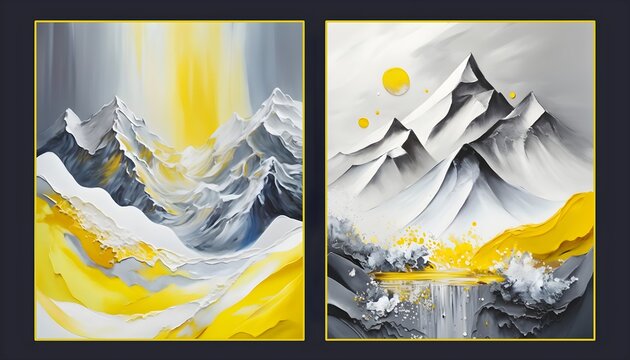 Abstract paintings of mountains in white, grey and yellow color, Generative AI