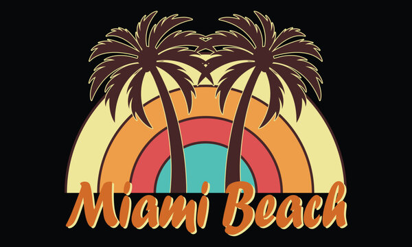 Miami Beach T-shirt Design Vector Illustration, Palm Tree Silhouette. Global Swatches. Miami Beach Florida Tee Print With Palm Tree. T-shirt Design, Graphics, Stamp, Label, Sunset, Nature.
