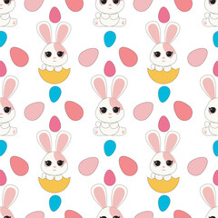 Easter decoration with colourful bunnies, eggs and flowers. Banner with copyspace. Vector