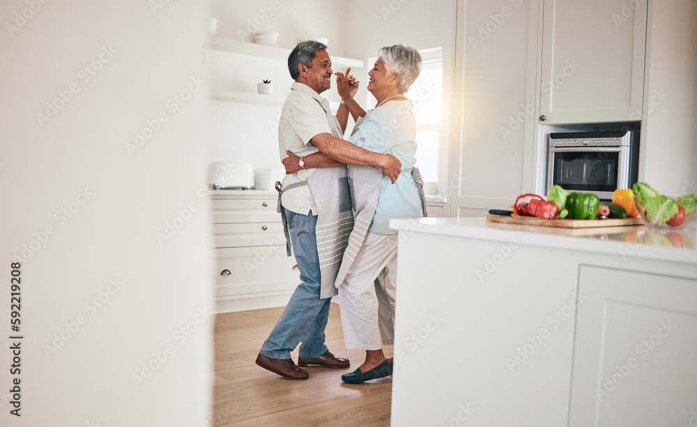 Canvas Prints happy, cooking or elderly couple dance in the kitchen together and feeling love, excited and bonding