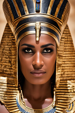 Beautiful female model dressed like an ancient Egyptian Goddess. Female pharaoh. Generative Artificial Intelligence.
