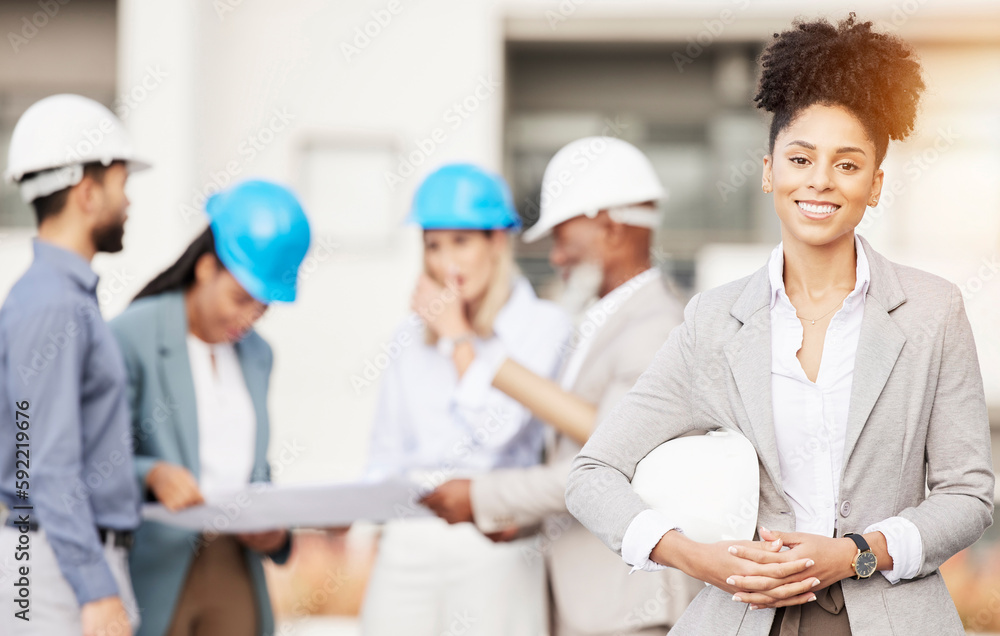 Canvas Prints Architecture, engineer and portrait of woman with team for building, construction site and planning. Engineering, leadership and happy female contractor for property development and maintenance