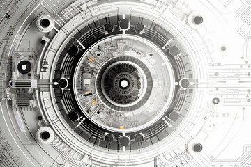 White abstract concentric gears technology background. Created with Generative AI technology.