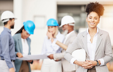 Architecture, engineer and portrait of woman with team for building, construction site and planning. Engineering, leadership and happy female contractor for property development and maintenance