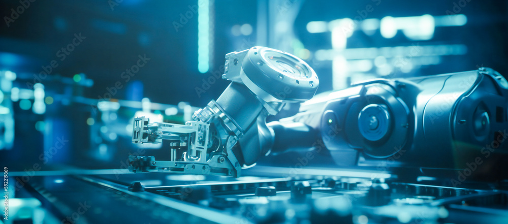 Poster generic industrial robotic gears close up. created with generative ai technology.
