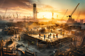 Fototapeta na wymiar Generic construction site in sunset, with workers and equipment silhouettes against sunlight. Created with Generative AI technology.
