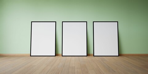 trois cadres vides, blanc avec encadrement noir, posés contre un mur, vert pastel, illustration pour incrustation ou présentation graphique, rendu 3d