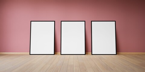 trois cadres vides, blanc avec encadrement noir, posés contre un mur rose, illustration pour incrustation ou présentation graphique, rendu 3d
