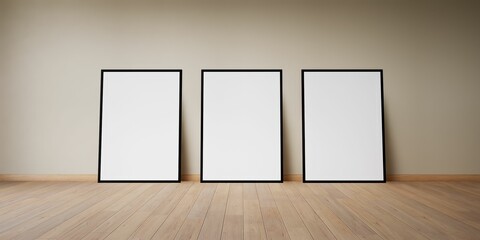 trois cadres vides, blanc avec encadrement noir, posés contre un mur, illustration pour incrustation ou présentation graphique, rendu 3d