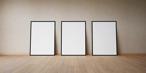 trois cadres vides, blanc avec encadrement noir, posés contre un mur, illustration pour incrustation ou présentation graphique, rendu 3d