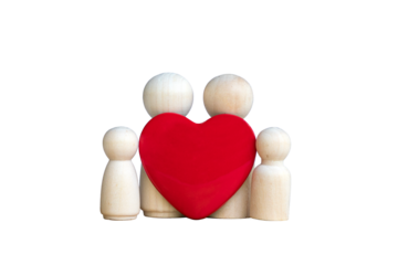 Wooden dolls depicting father, mother, son and daughter with red heart shape. On transparent background. Love family concept.