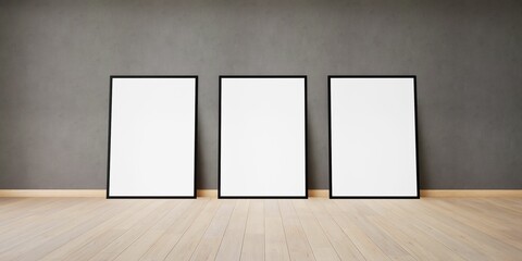 trois cadres vides, blanc avec encadrement noir, posés contre un mur, aspect béton, illustration pour incrustation ou présentation graphique, rendu 3d