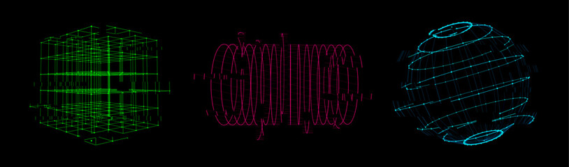 Vector futuristic glitch sphere, cube, cylinder of particles and lines. Network connection big data. Abstract technology background.