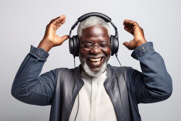 Cheerful african american man listening to music with headphones. Generative AI
